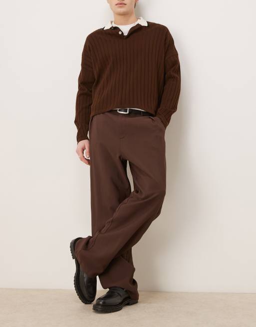 ASOS DESIGN - Pantaloni a fondo ampio eleganti con pieghe marroni