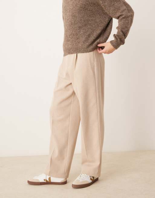 ASOS DESIGN - Pantaloni a fondo ampio eleganti in misto lana color pietra a spina di pesce con piega sul davanti