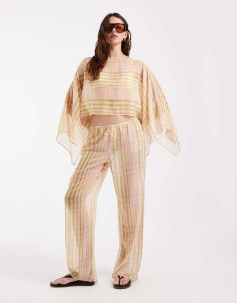 ASOS DESIGN - Pantaloni a fondo ampio in chiffon rosa a quadretti in coordinato - view 1