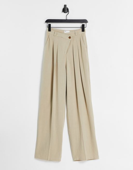 ASOS DESIGN - Pantaloni a fondo ampio in lino con patta asimmetrica color pietra