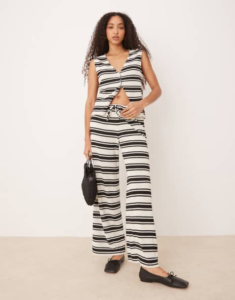ASOS DESIGN - Pantaloni a fondo ampio in maglia a righe monocromatiche in coordinato - view 1