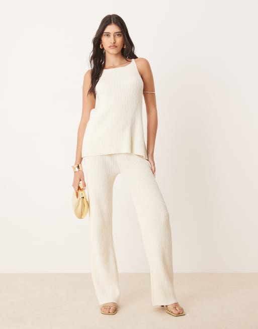 ASOS DESIGN - Pantaloni a fondo ampio in maglia fiammata color crema in coordinato