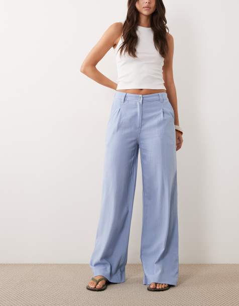 ASOS DESIGN - Pantaloni a fondo ampio in misto lino blu con pieghe - view 1