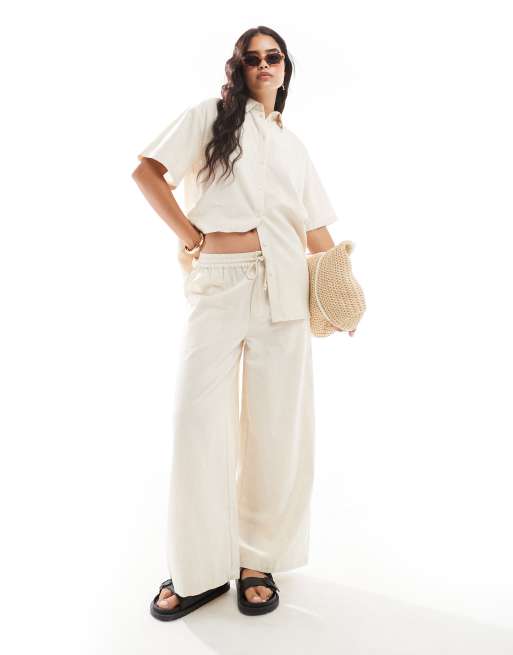 ASOS DESIGN - Pantaloni a fondo ampio in misto lino colore neutro