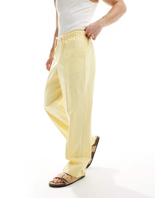 ASOS DESIGN - Pantaloni a fondo ampio in misto lino eleganti giallo polvere