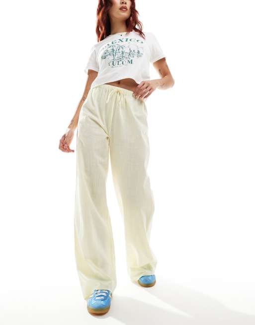 ASOS DESIGN - Pantaloni a fondo ampio in misto lino giallo limone