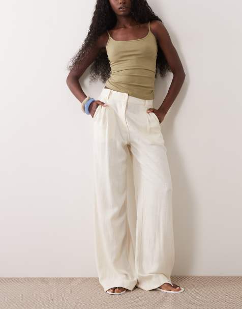 ASOS DESIGN - Pantaloni a fondo ampio in misto lino panna con pieghe - view 1