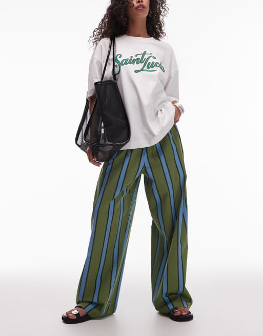ASOS DESIGN - Pantaloni a fondo ampio in popeline a righe kaki e blu