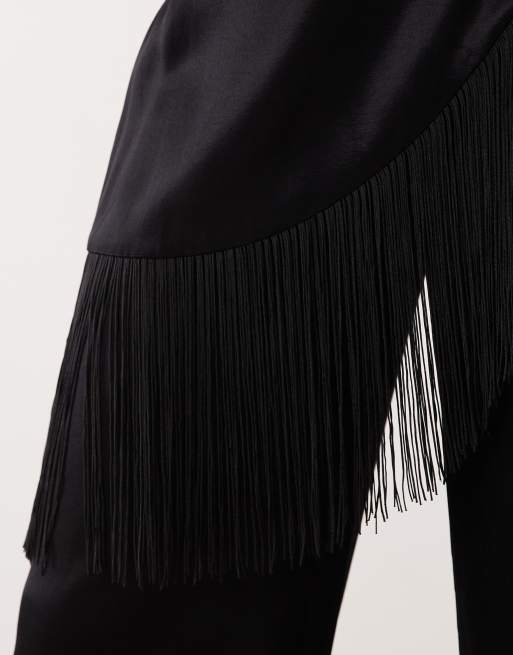 ASOS DESIGN - Pantaloni a fondo ampio in raso neri con frange e design avvolgente, 4 di 5