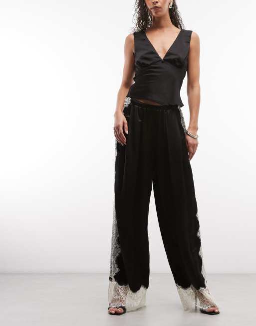 ASOS DESIGN - Pantaloni a fondo ampio in raso nero con pizzo, 2 di 5