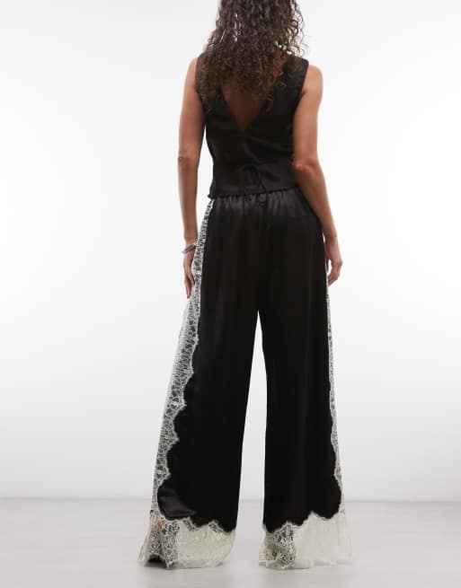 ASOS DESIGN - Pantaloni a fondo ampio in raso nero con pizzo, 5 di 5