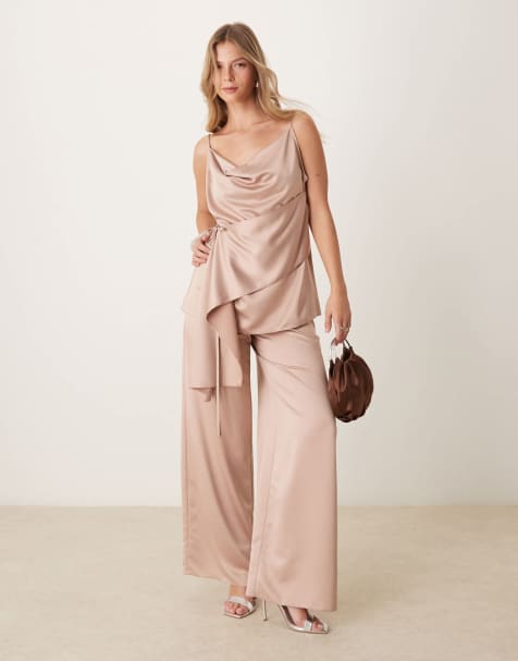 ASOS DESIGN - Pantaloni a fondo ampio in raso rosa chiaro in coordinato - view 1
