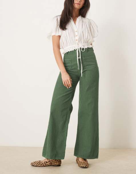 ASOS DESIGN - Pantaloni a fondo ampio in tessuto a coste kaki con tasche applicate - view 1