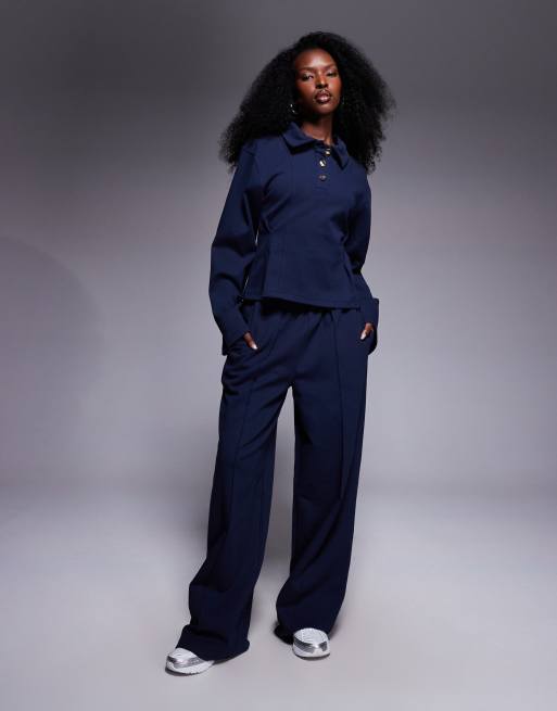 ASOS DESIGN - Pantaloni a fondo ampio in tessuto interlock color blu navy in coordinato