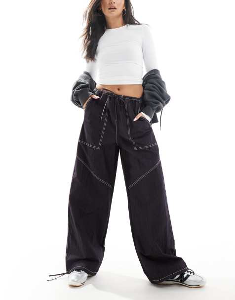 ASOS DESIGN - Pantaloni a fondo ampio in tessuto stropicciato blu navy con tasche e laccetti sugli orli - view 1