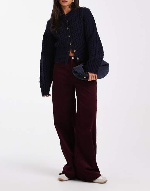 ASOS DESIGN - Pantaloni a fondo ampio in velluto a coste bordeaux gessati, 5 di 5