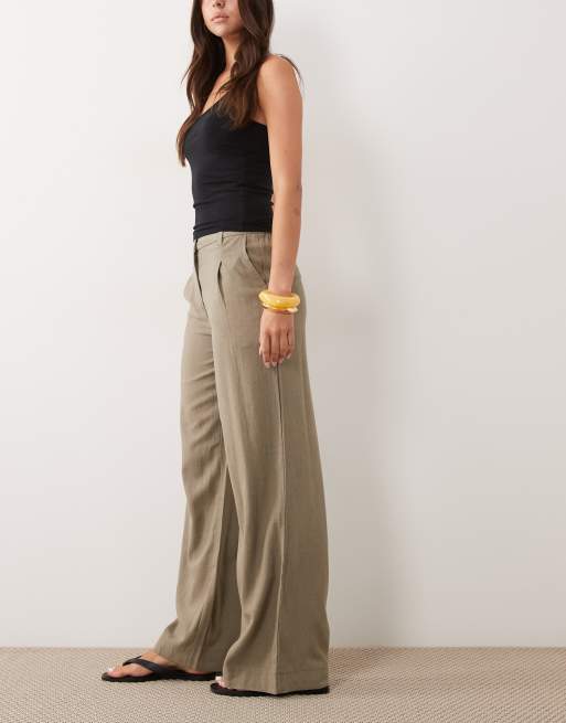 ASOS DESIGN - Pantaloni a fondo ampio kaki in misto lino con pieghe, 2 di 5