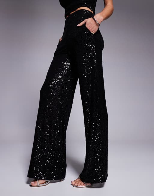 ASOS DESIGN - Pantaloni a fondo ampio neri con paillettes in coordinato, 2 di 5