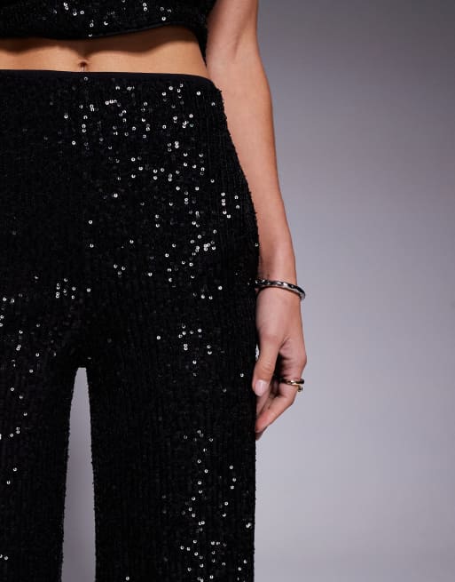 ASOS DESIGN - Pantaloni a fondo ampio neri con paillettes in coordinato, 3 di 5