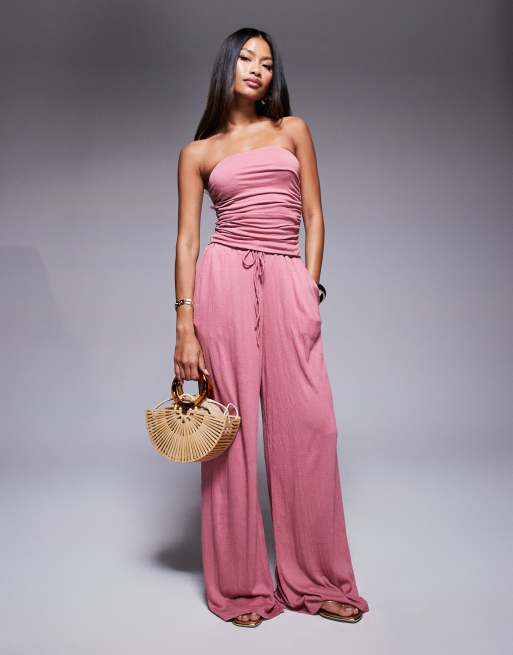 ASOS DESIGN - Pantaloni a fondo ampio rosa polvere stropicciati e allacciati in vita in coordinato