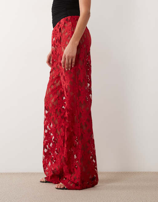 ASOS DESIGN - Pantaloni a fondo ampio rossi in pizzo, 2 di 5