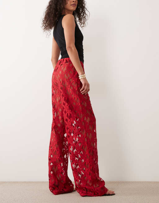 ASOS DESIGN - Pantaloni a fondo ampio rossi in pizzo, 5 di 5