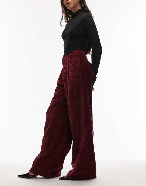 ASOS DESIGN - Pantaloni a fondo ampio testurizzati bordeaux in velluto, 3 di 5