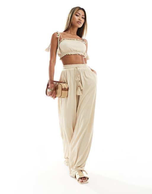 ASOS DESIGN - Pantaloni a fondo ampio testurizzati color pietra allacciati in vita con nappe in coordinato 