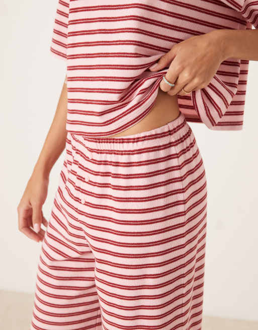 ASOS DESIGN - Pantaloni a fondo ampio testurizzati rosa e bordeaux a righe in coordinato, 2 di 5