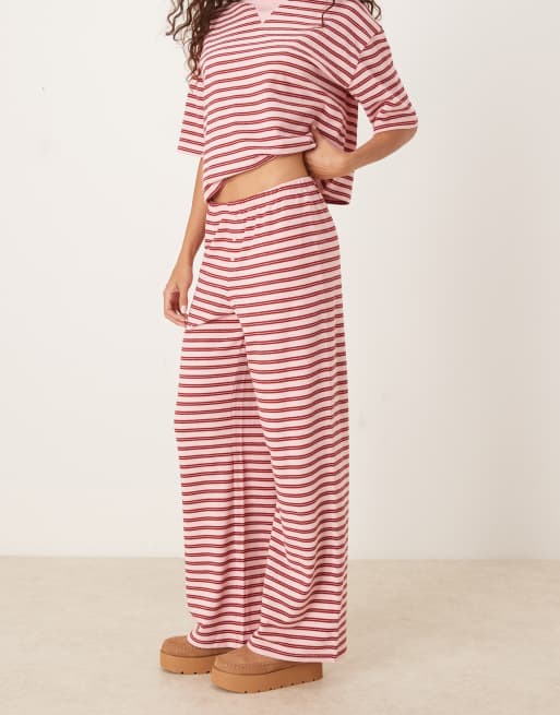 ASOS DESIGN - Pantaloni a fondo ampio testurizzati rosa e bordeaux a righe in coordinato, 3 di 5