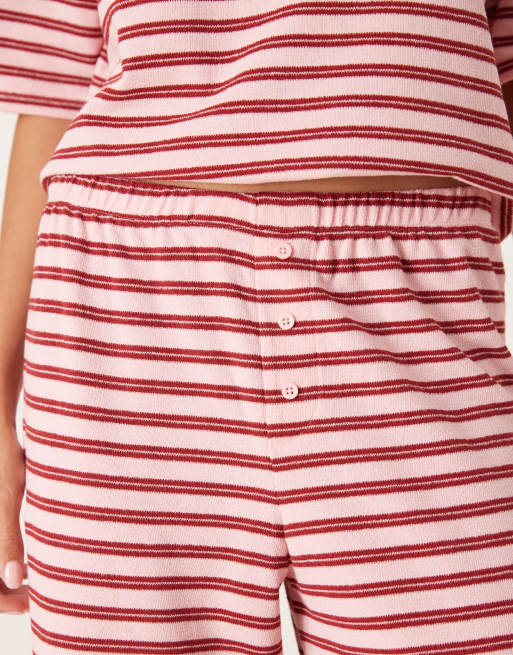 ASOS DESIGN - Pantaloni a fondo ampio testurizzati rosa e bordeaux a righe in coordinato, 4 di 5