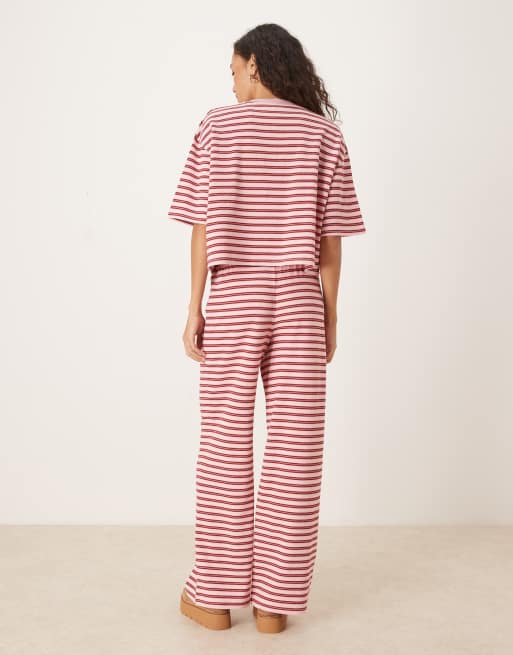 ASOS DESIGN - Pantaloni a fondo ampio testurizzati rosa e bordeaux a righe in coordinato, 5 di 5