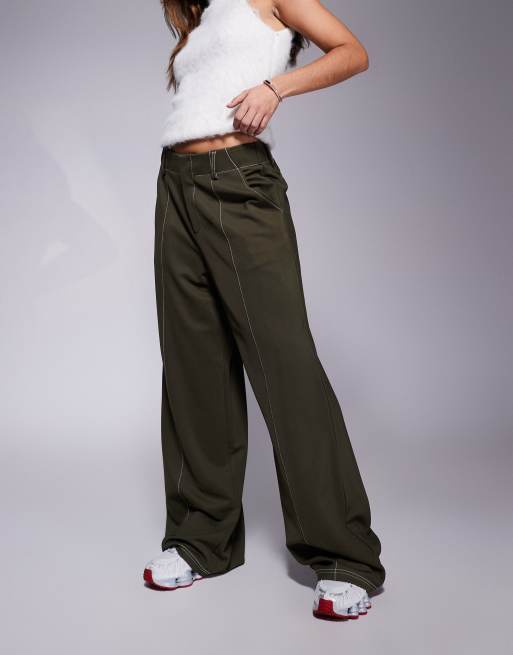 ASOS DESIGN - Pantaloni a fondo ampio verdi con cuciture a vista, 3 di 5