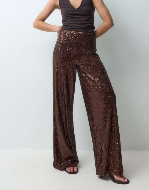 ASOS DESIGN pantaloni a gamba ampia con paillettes in color cioccolato, 2 di 5