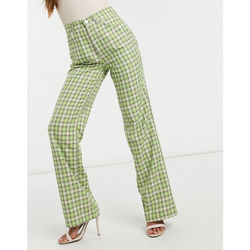 Donna Pantaloni a zampa DESIGN - Pantaloni a gamba ampia e vita alta verde lime a quadri