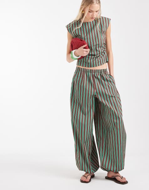 ASOS DESIGN - Pantaloni a palloncino in misto cotone e nylon verde e marrone cioccolato a righe - view 1