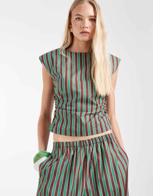 ASOS DESIGN - Pantaloni a palloncino in misto cotone e nylon verde e marrone cioccolato a righe, 3 di 7