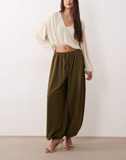 ASOS DESIGN - Pantaloni a palloncino in twill di jersey verde kaki allacciati in vita - view 1