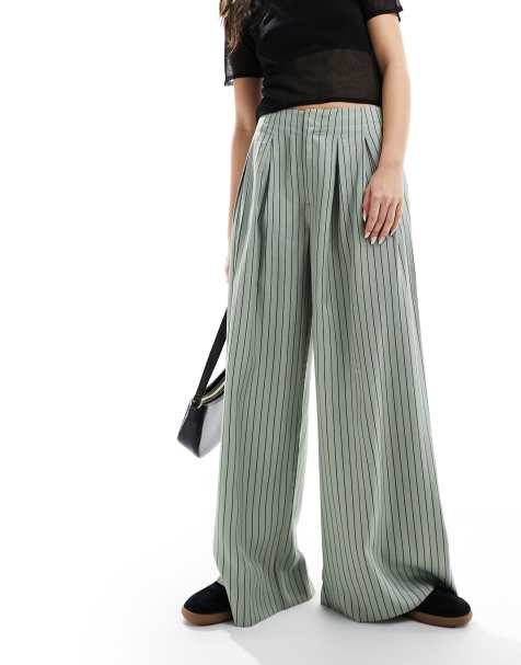 ASOS DESIGN - Pantaloni a pieghe a fondo ampio color salvia a righe - view 1