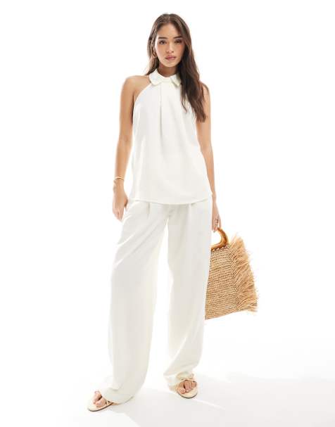 ASOS DESIGN - Pantaloni a vita bassa écru in misto lino in coordinato - view 1