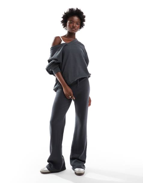 ASOS DESIGN - Pantaloni a zampa grigio antracite slavato a nido d'ape in coordinato - view 1