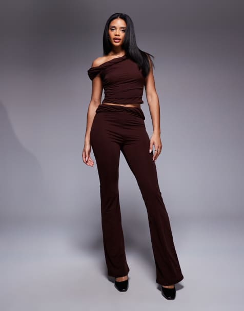 ASOS DESIGN - Pantaloni a zampa mix & match color cioccolato con vita attorcigliata - view 1