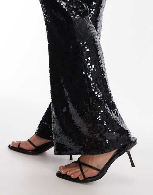 ASOS DESIGN - Pantaloni a zampa sartoriali premium blu navy con paillettes , 5 di 5