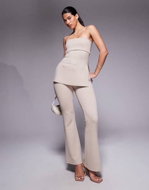 ASOS DESIGN - Pantaloni a zampa slim color pietra in jersey twill in coordinato