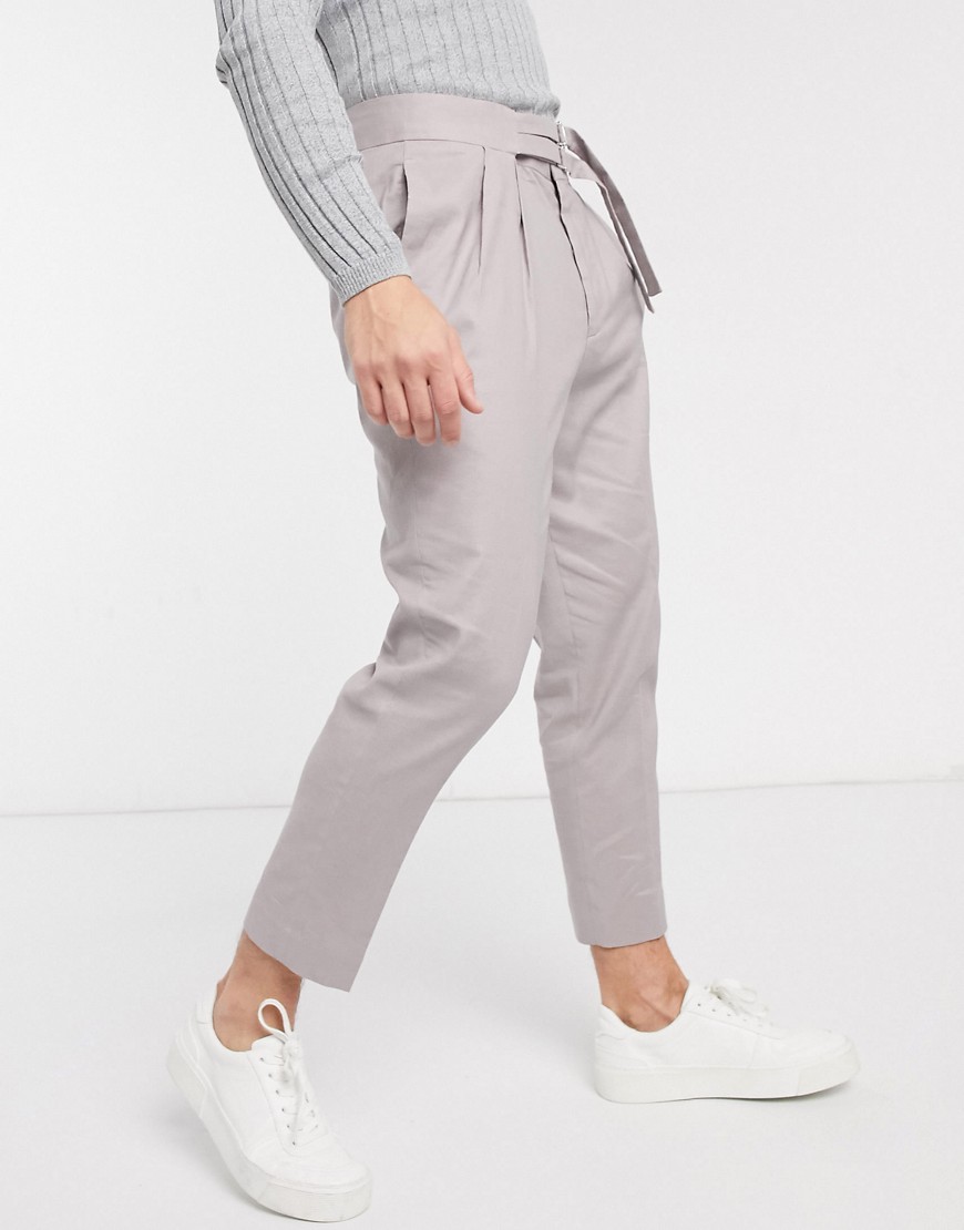 ASOS DESIGN - Pantaloni affusolati eleganti in lino grigi con doppia cintura-Grigio