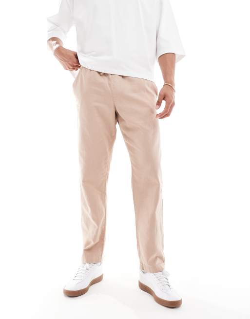 ASOS DESIGN - Pantaloni affusolati in lino marrone con vita elasticizzata
