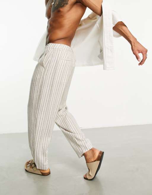 ASOS DESIGN - Pantaloni affusolati in misto lino a righe marroni, 4 di 4