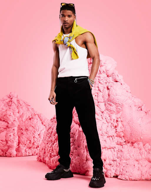 ASOS DESIGN - Pantaloni affusolati in velluto a coste neri con tasca con cerniera lampo