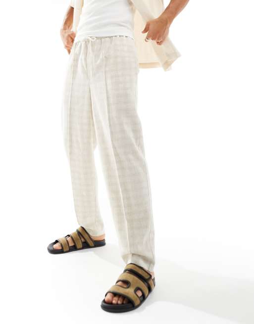 ASOS DESIGN - Pantaloni affusolati oversize eleganti in misto lino a quadri color neutro