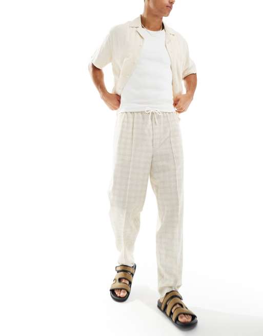 ASOS DESIGN - Pantaloni affusolati oversize eleganti in misto lino a quadri color neutro, 4 di 5
